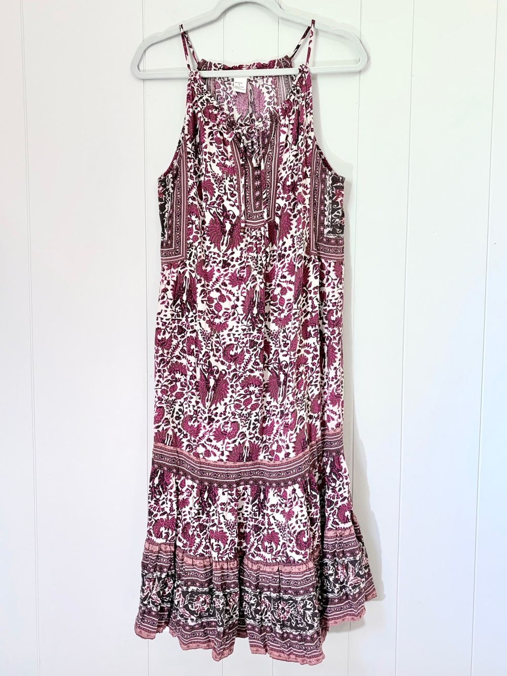 Artisan Ny Pink Brown White Boho Maxi Dress Spaghetti Strap Flowy Festival Sz 6